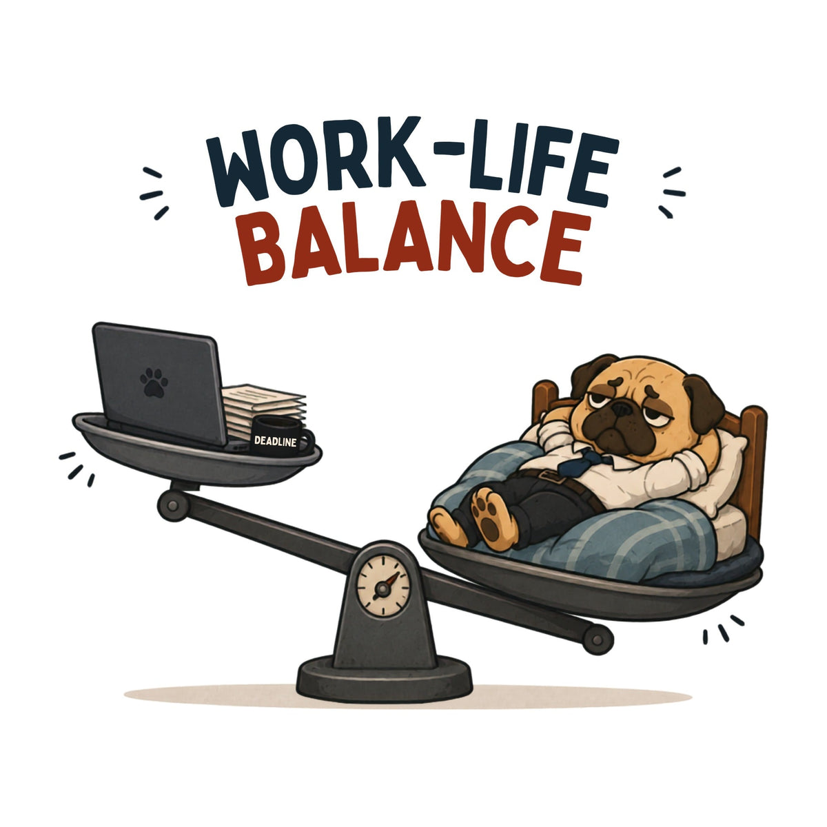 Work Life Balance Funny Tired Pug Dog Sleeping In Bed Office Humor